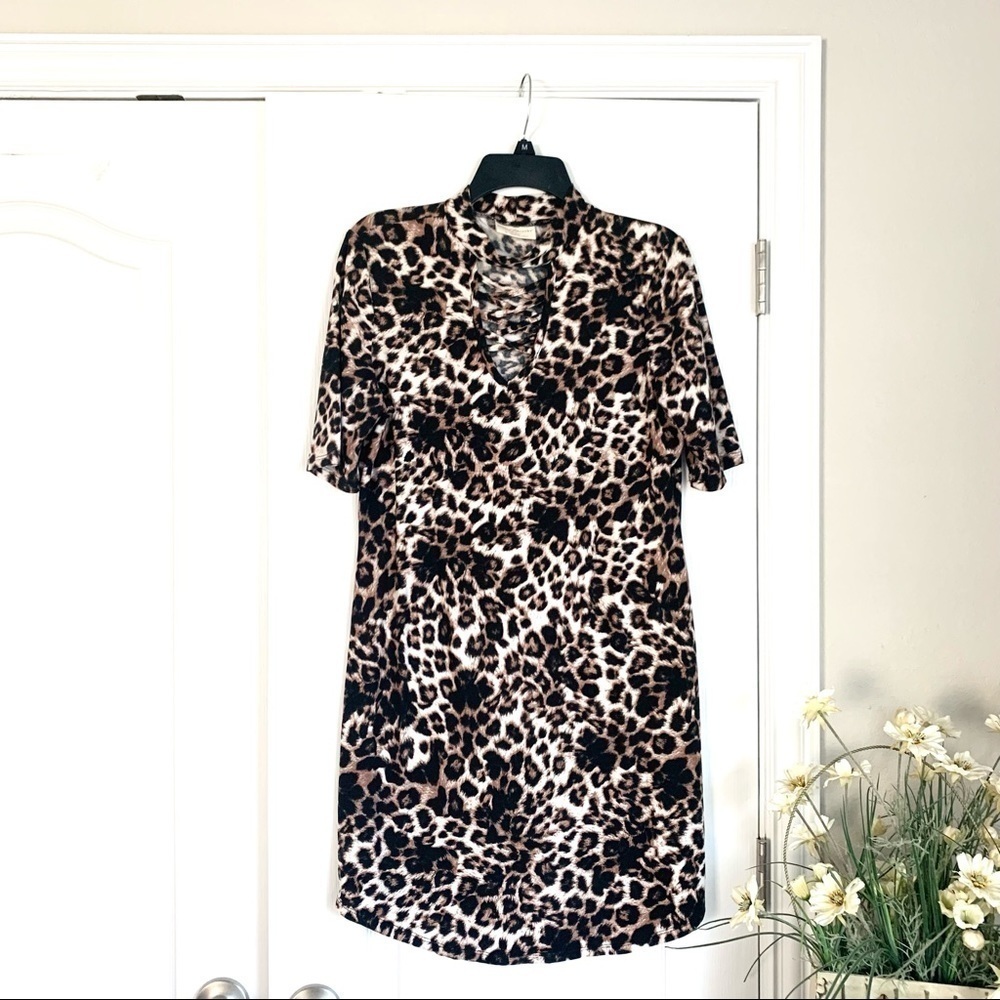 Bobbie Brooks Leopard Print Midi Dress NWOT XL Brown Choker Neck‎ Lattice Cutout
